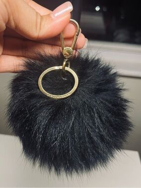 Furla Black Faux Fur Pom Keychain with Gold Hardware
